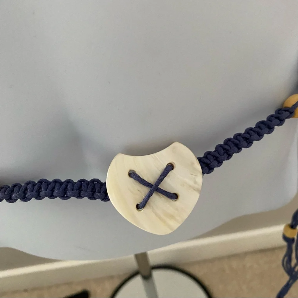 Boho Macramé Navy Waist Belt with Shell Heart Accents ~54 inches long